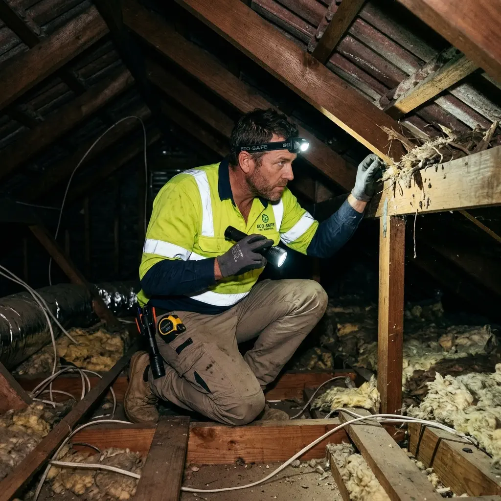 Technician inspecting a roof cavity for a dead animal in Dandenong